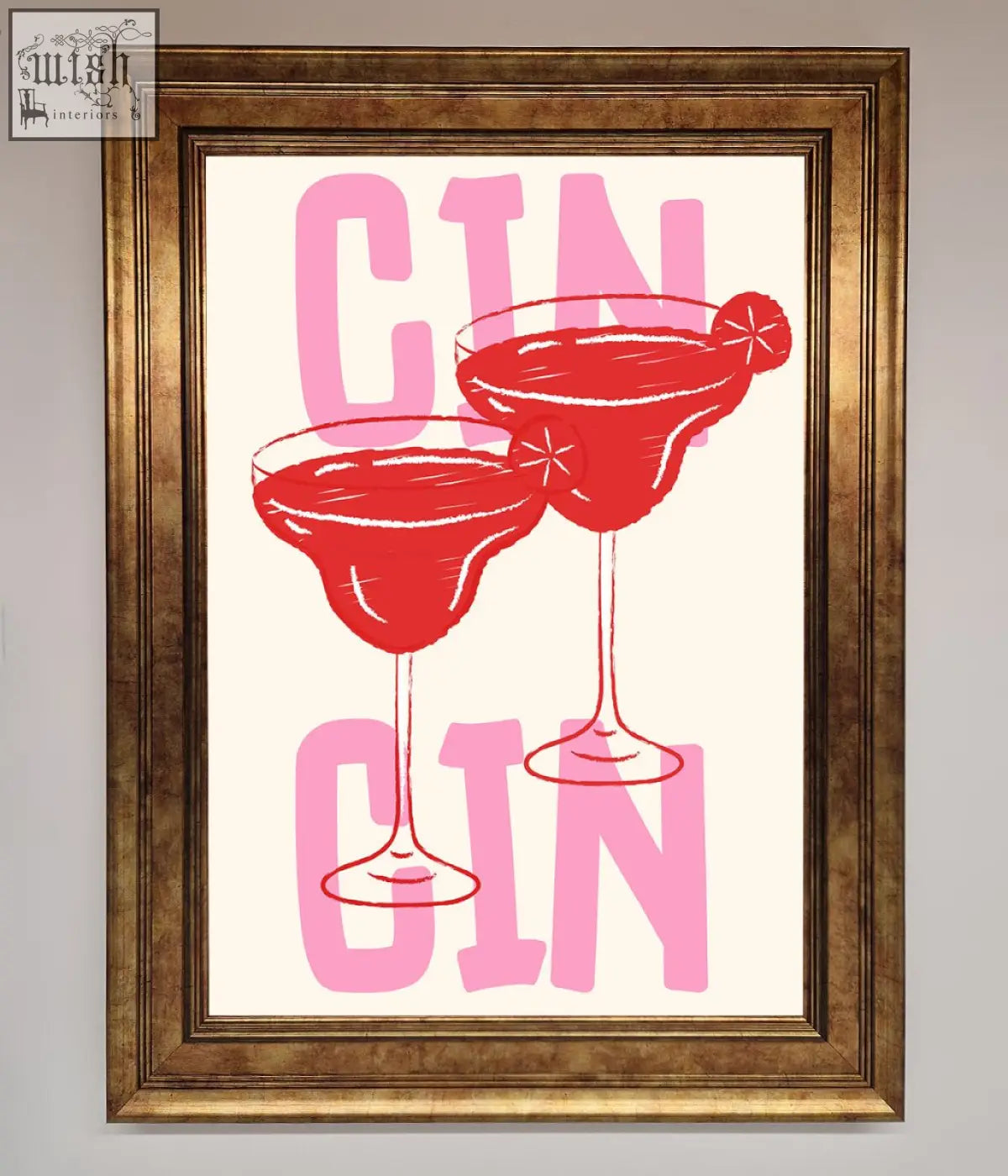 A cin cin framed print showcasing two red gin cocktails with pink lettering in a stylish frame