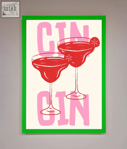 A vibrant green-framed cin cin framed print featuring bold pink lettering and red gin cocktails illustrations