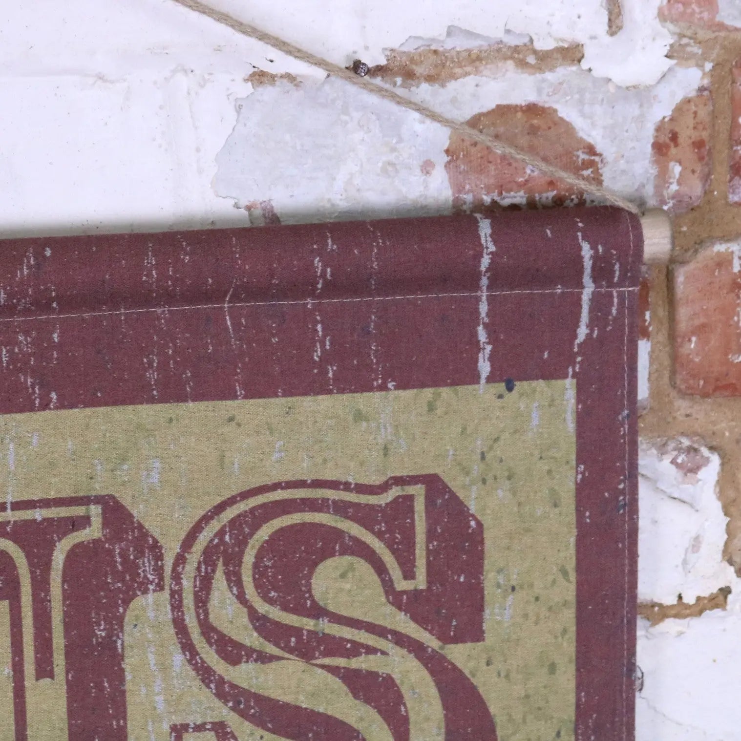 Maroon and beige vintage circus sign canvas wall art with distressed fabric texture for rustic decor
