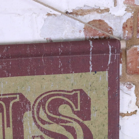 Maroon and beige vintage circus sign canvas wall art with distressed fabric texture for rustic decor
