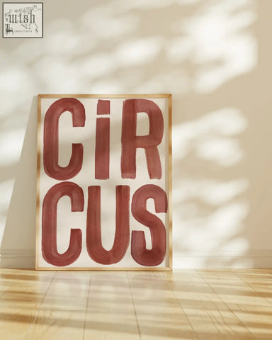 Minimalist framed flow art print with bold rust-colored circus lettering on a cream background for wall decor