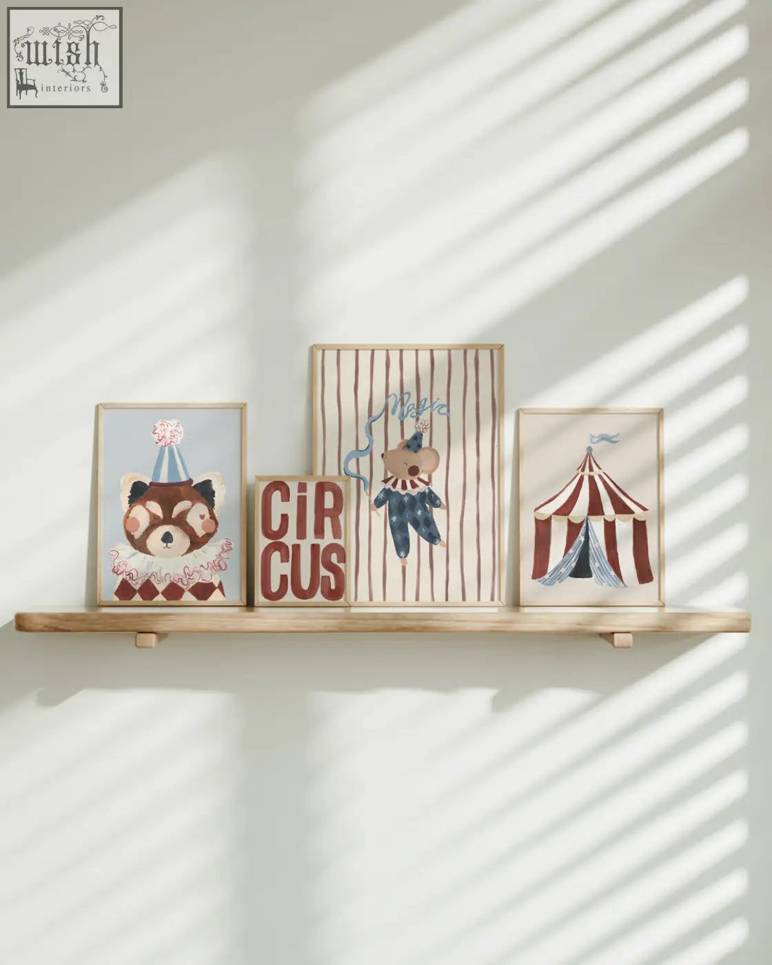 Set of three framed wooden circus-themed flow art prints featuring a bear in a party hat striped tent and circus word art