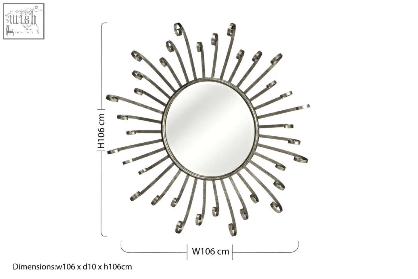 Silver sunburst cissell spoke style wall mirror with circular reflective center and radiating metal arms