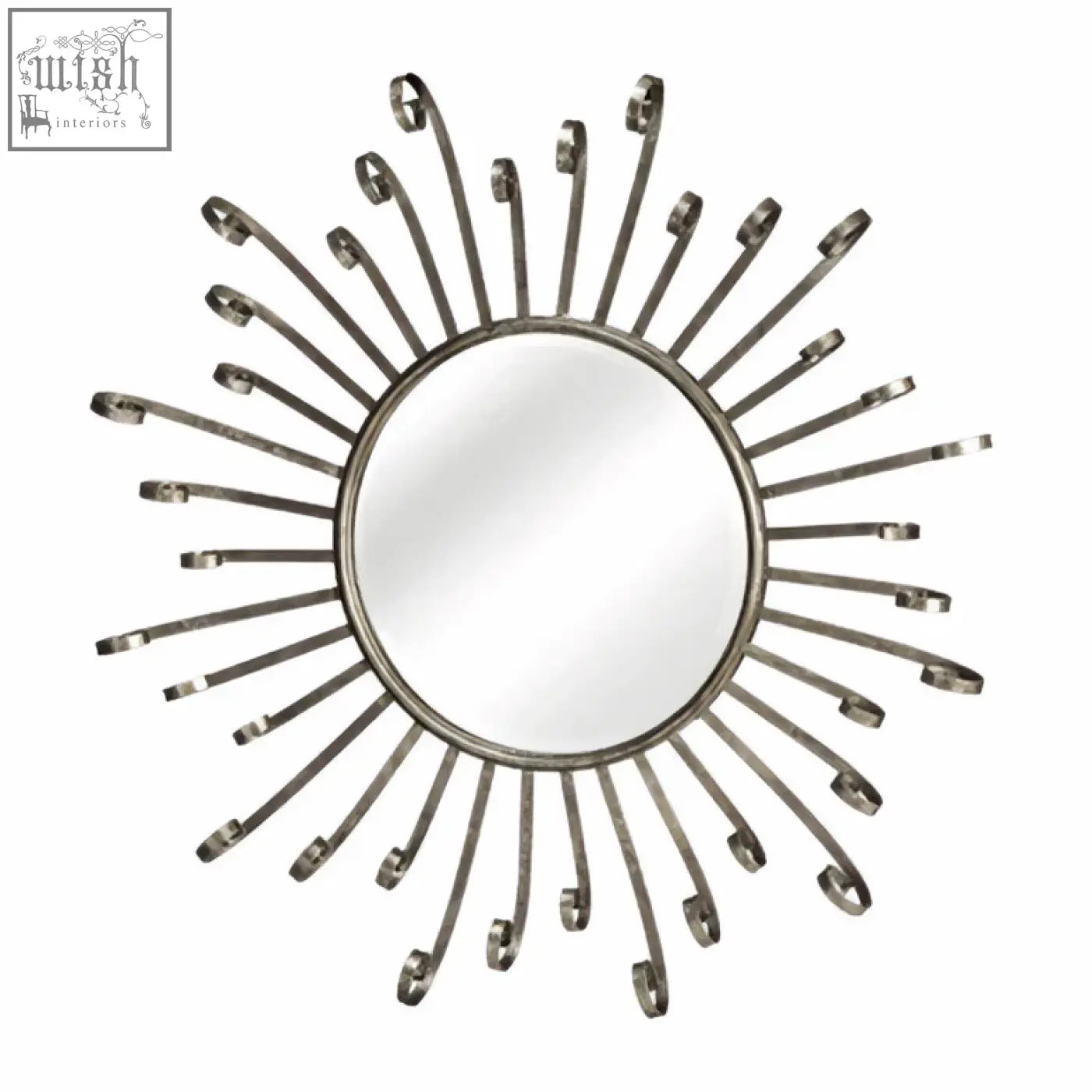 Silver sunburst cissell spoke style wall mirror with slender metal arms and circular reflective center