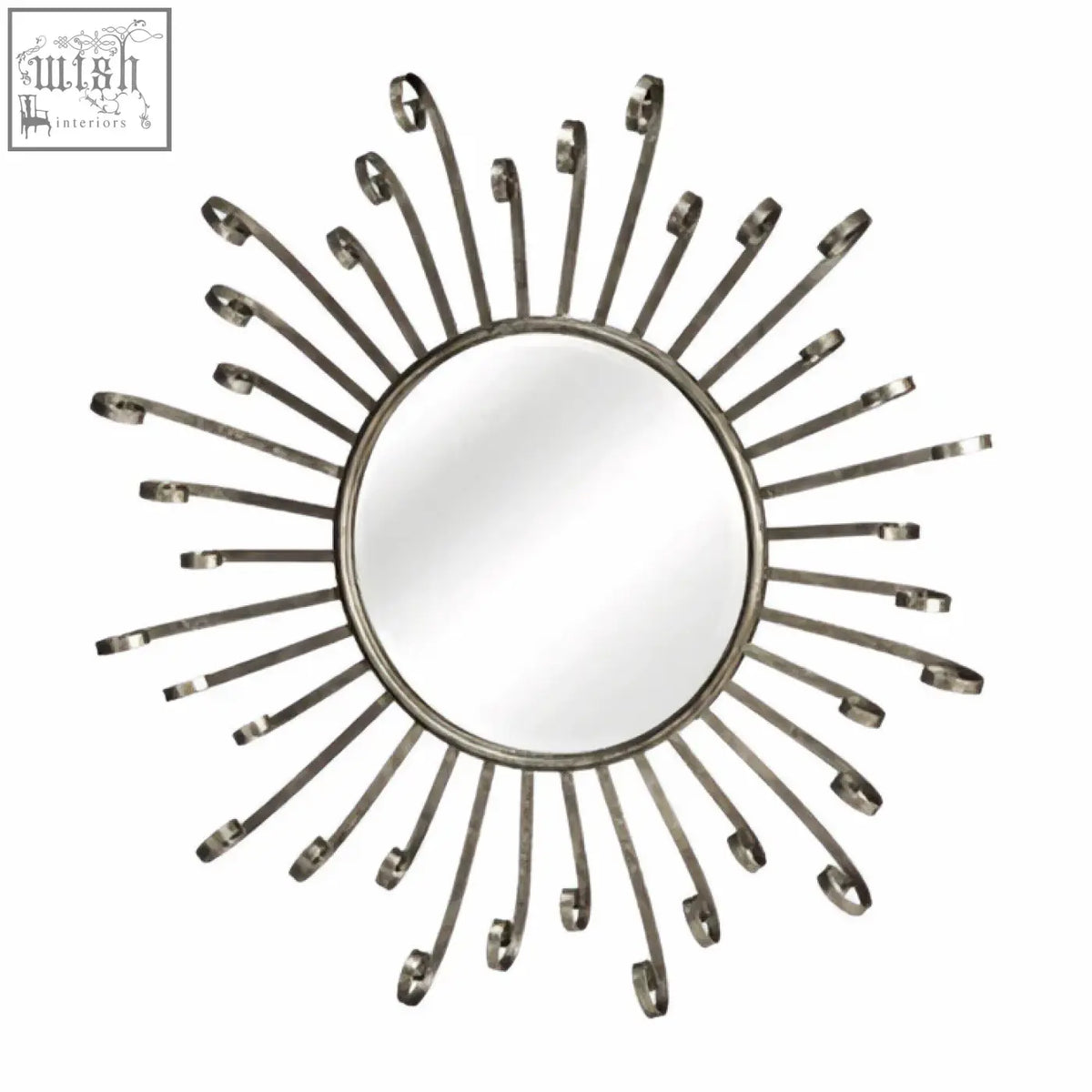 Silver sunburst cissell spoke style wall mirror with slender metal arms and circular reflective center