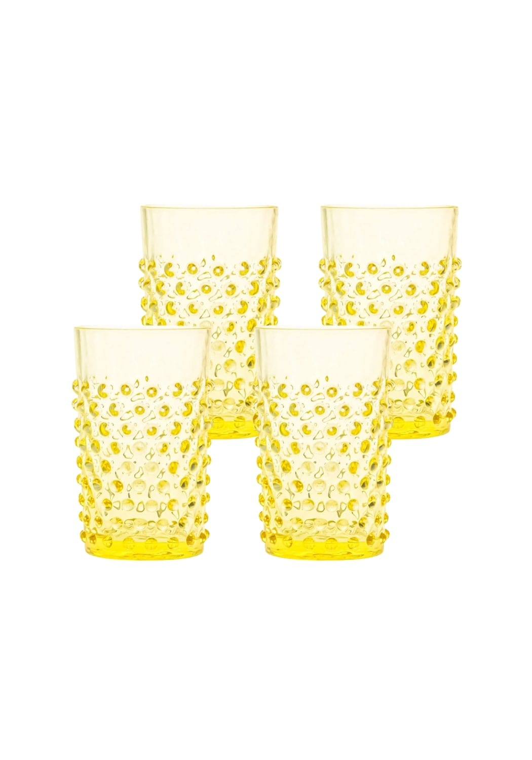 Set of four translucent yellow glass dew drop tumblers with textured hobnail pattern perfect for everyday use