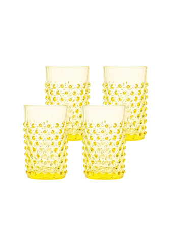 Set of four translucent yellow glass dew drop tumblers with textured hobnail pattern perfect for everyday use