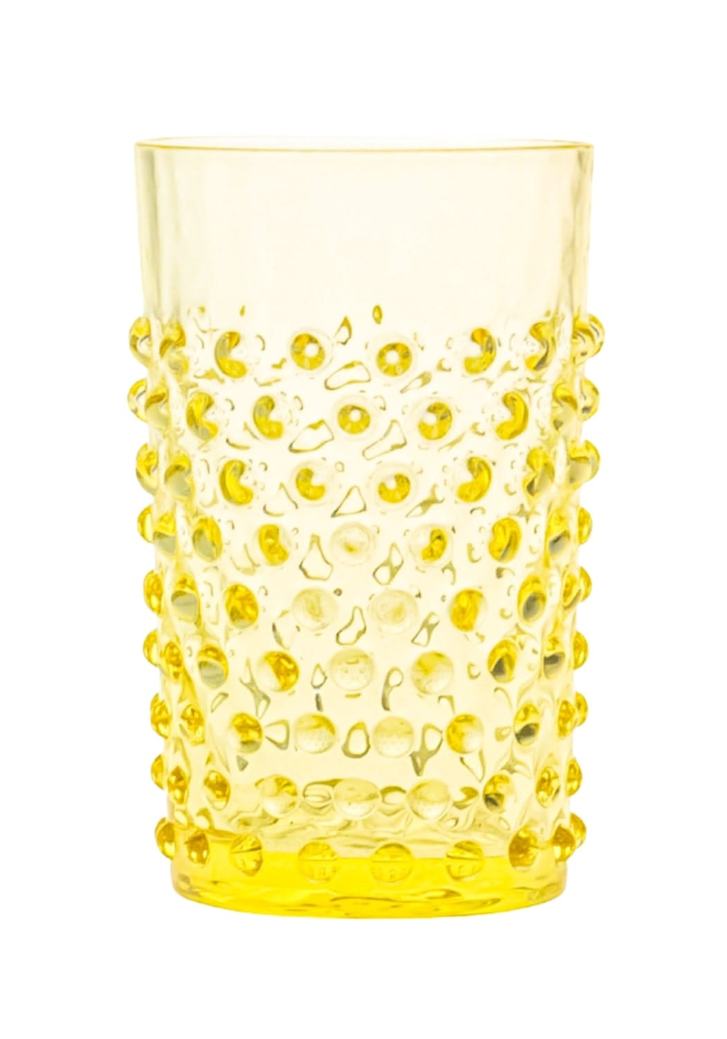 A translucent yellow glass dew drop tumbler with bubbly textured surface featuring raised circular and crescent patterns