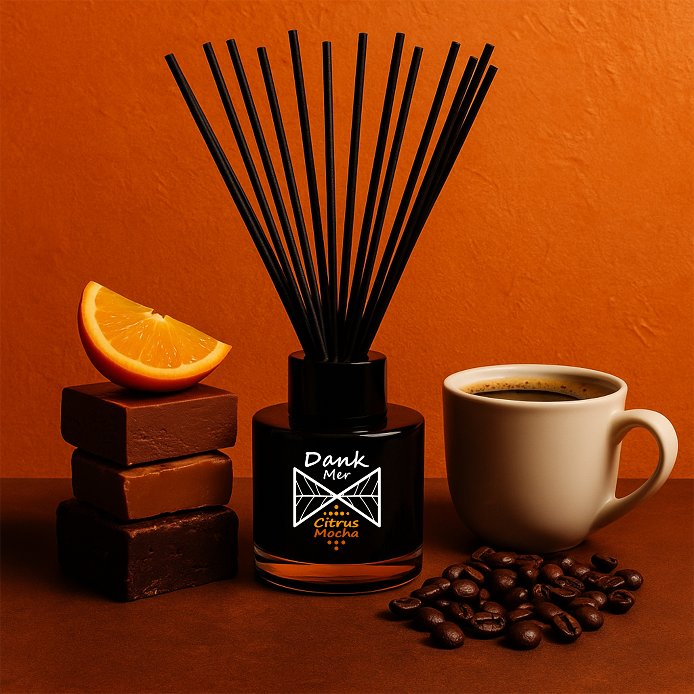 Black glass citrus mocha single diffuser bottle with dank mer citrus mocha fragrance oil and black reed sticks