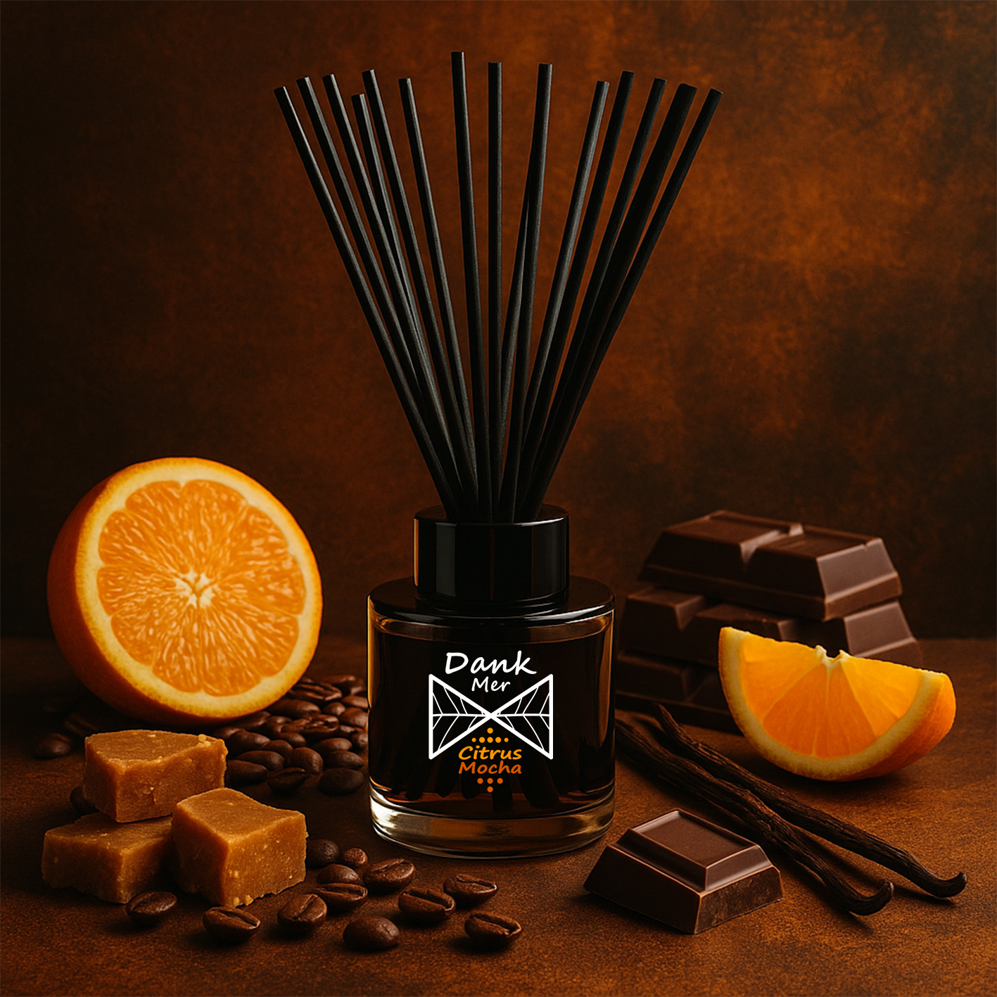 Black glass single diffuser bottle with dank mer citrus mocha label and black reed sticks with fragrance oil