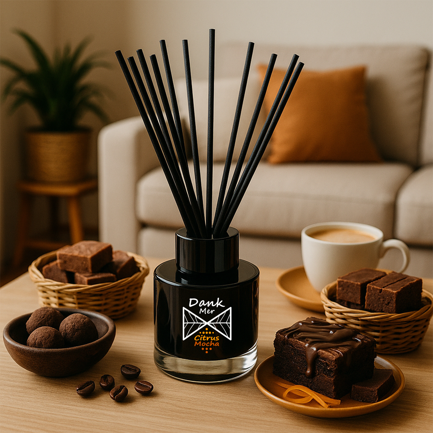 Black glass reed diffuser with dank mer citrus mocha fragrance oil and black reeds for fresh citrus mocha scent