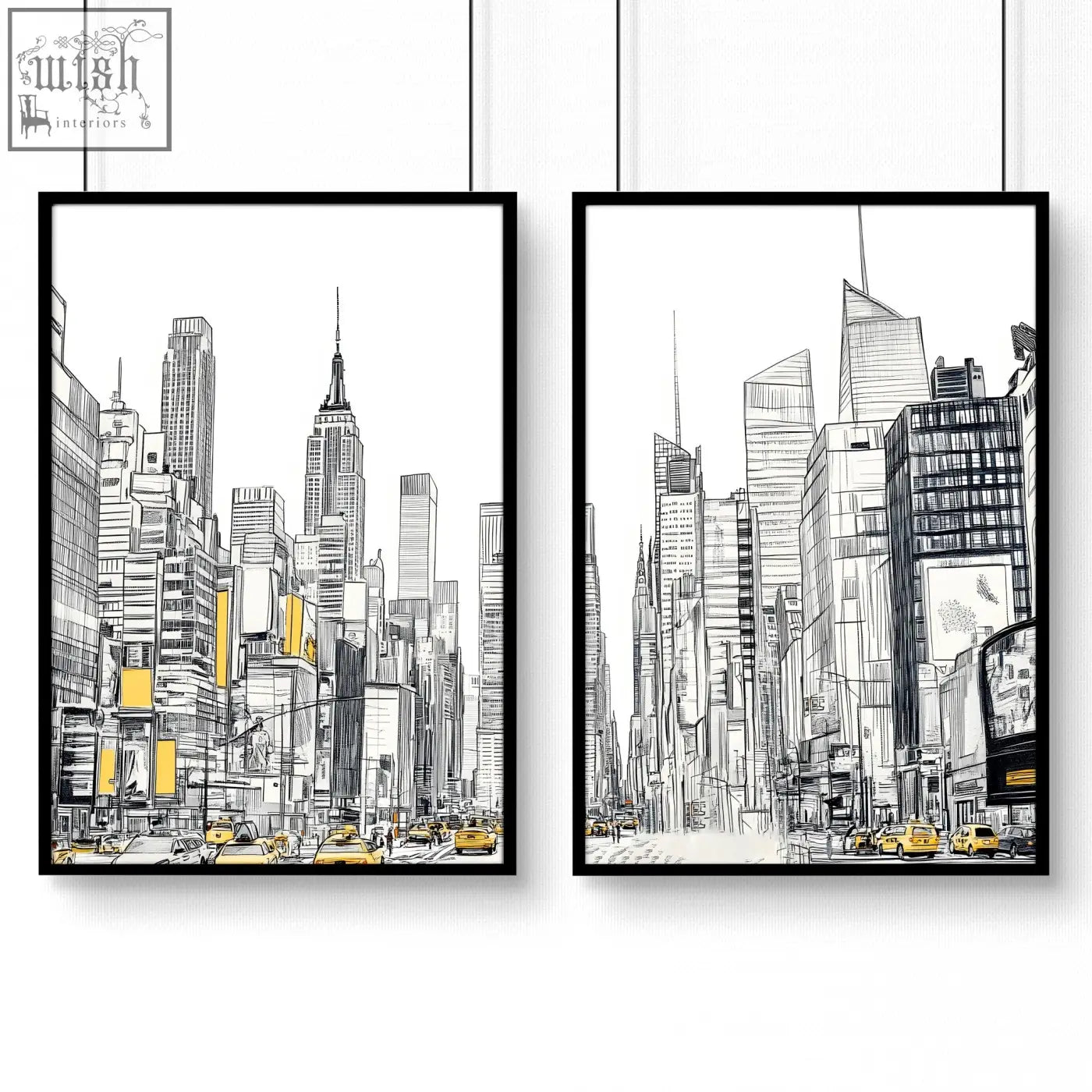 Black-framed city prints wall art featuring minimalist urban skyscrapers with yellow accents on buildings and taxis