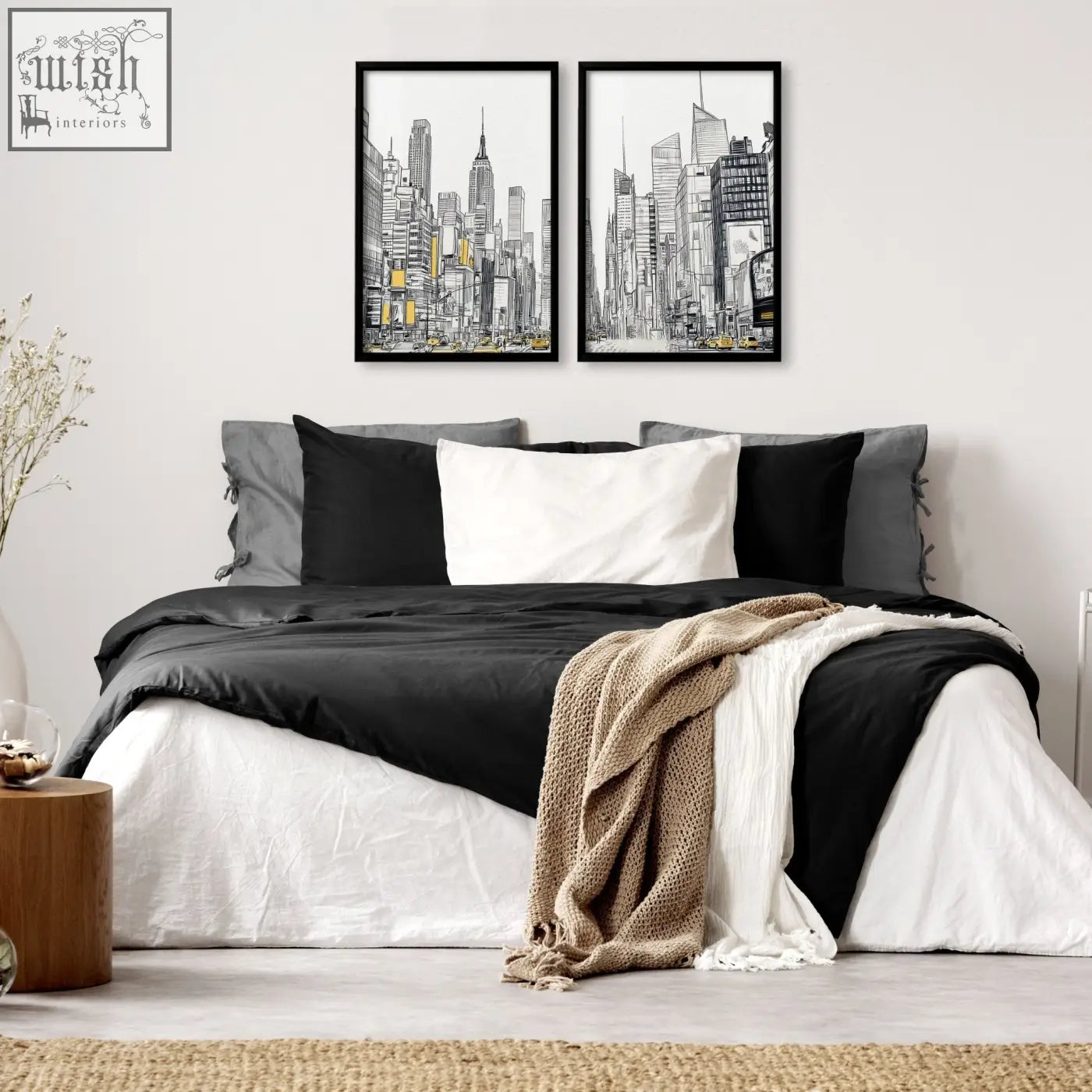 Black-framed city prints wall art with minimalist line drawings and yellow accents above the bed for modern decor