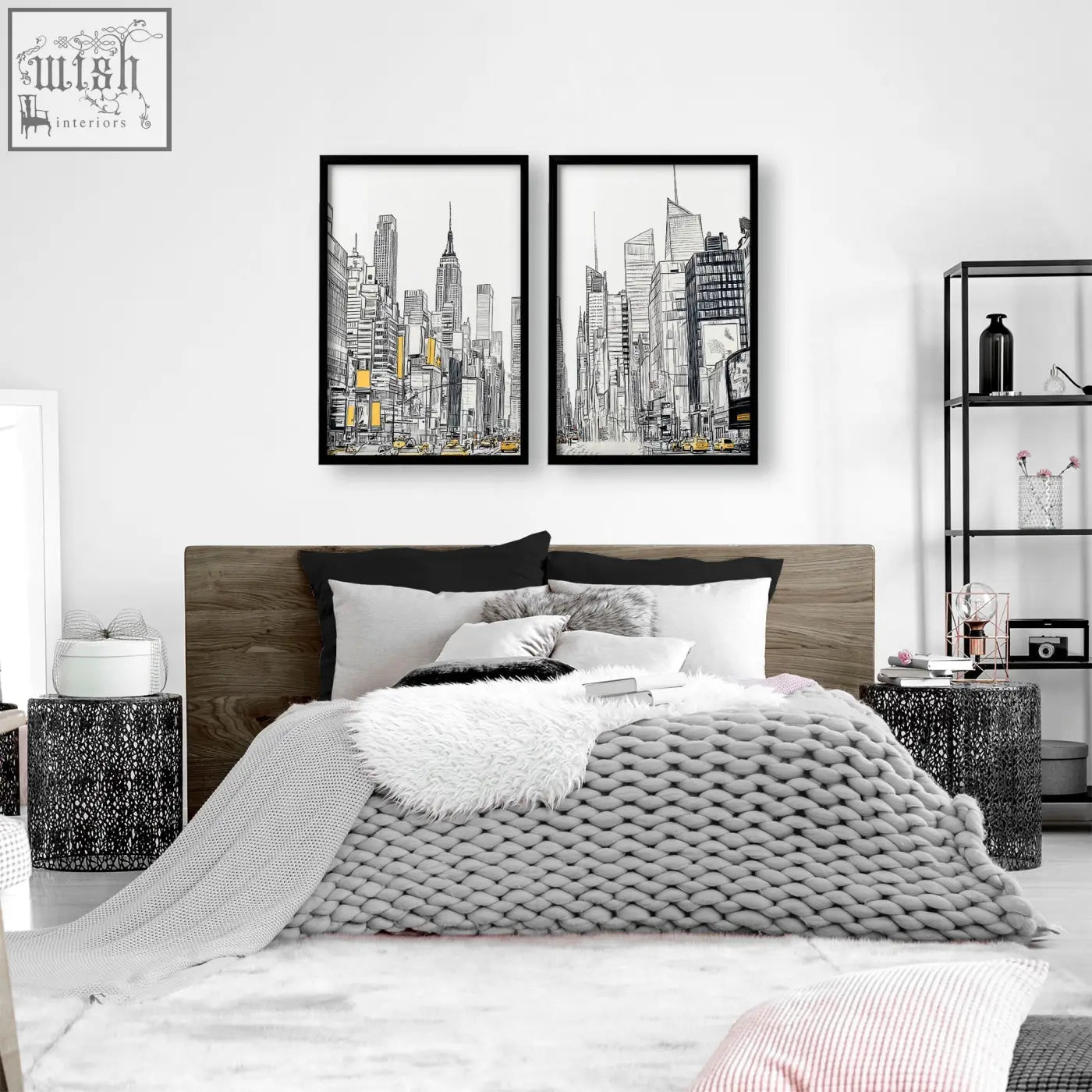 Black-framed city prints wall featuring minimalist urban skyscrapers line art with selective yellow accents in prints wall art set