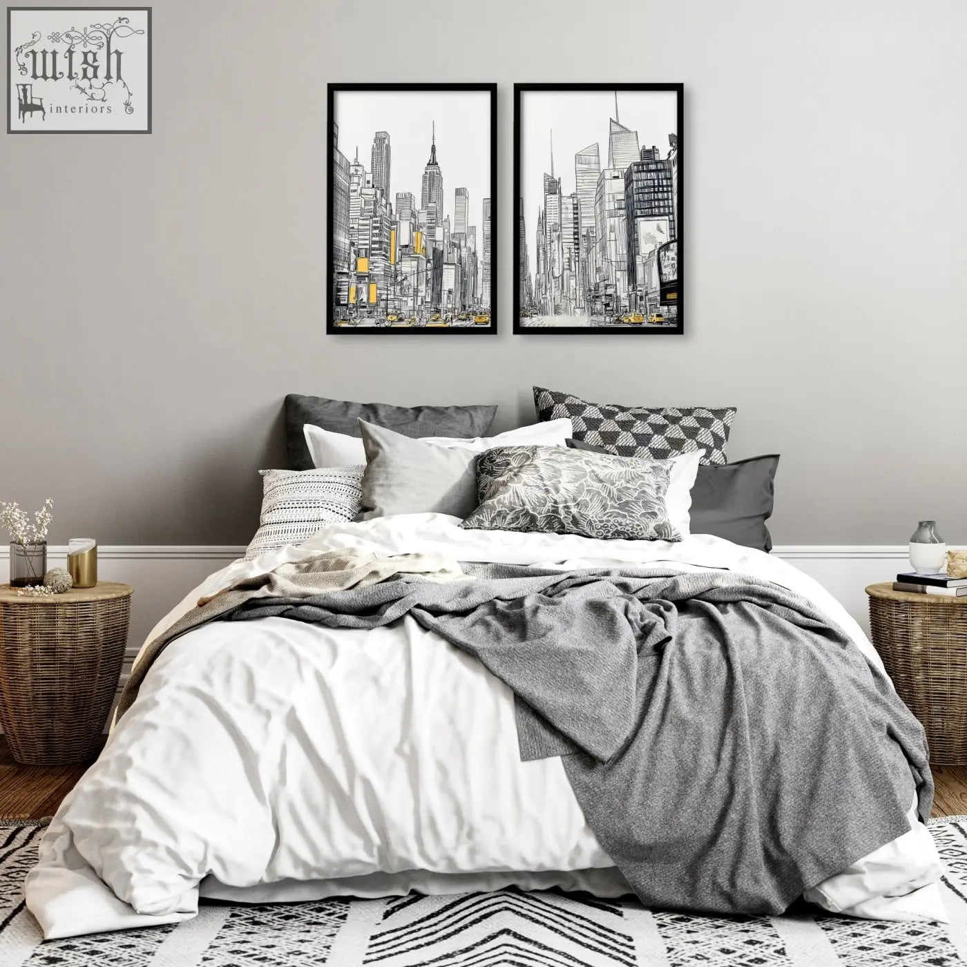 Black-framed city prints wall art set of 2 with minimalist line drawings and yellow accents perfect for urban decor