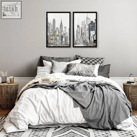 Black-framed city prints wall art set of 2 with minimalist line drawings and yellow accents perfect for urban decor