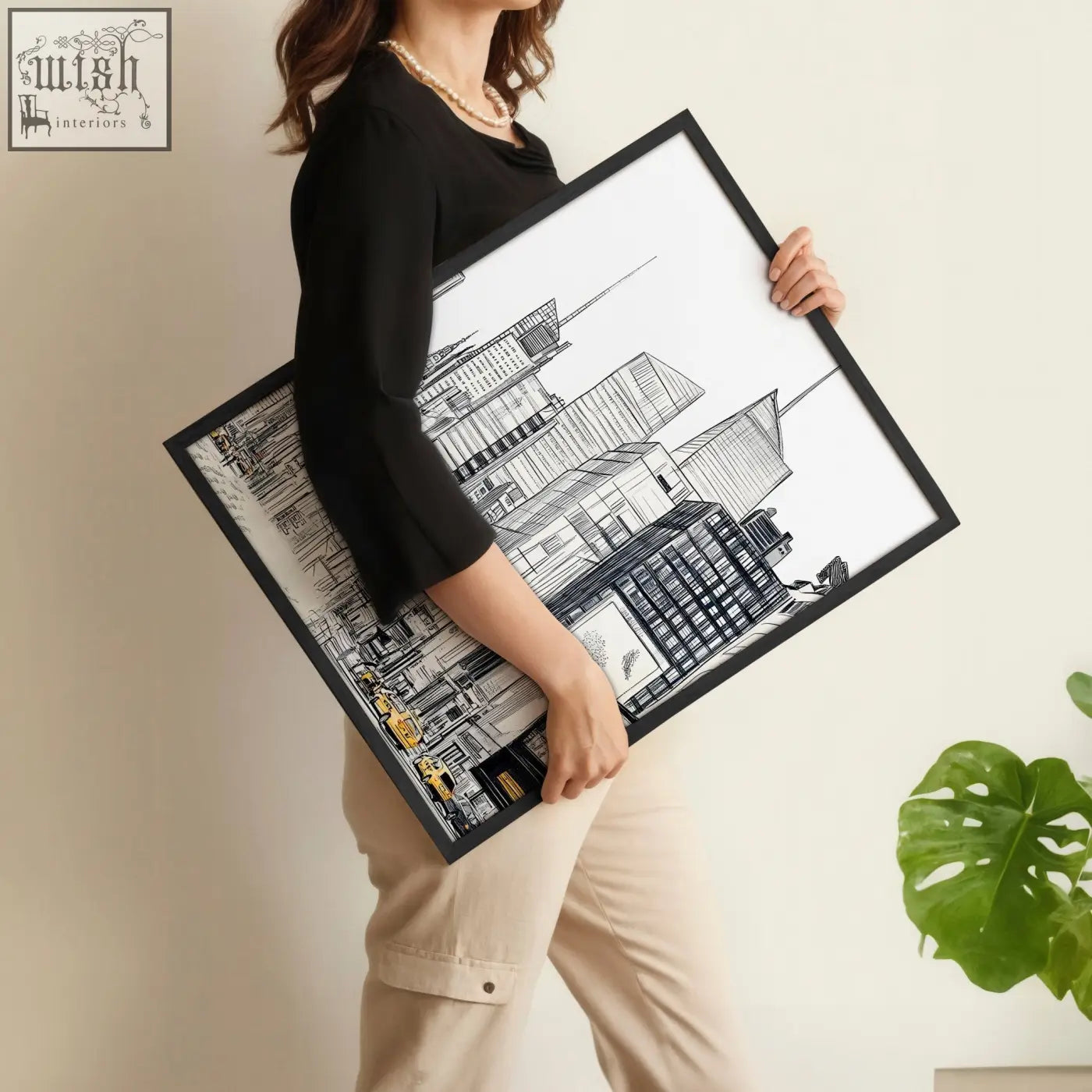 Black-framed city prints wall art set with intricate line drawings and subtle yellow accents on white background
