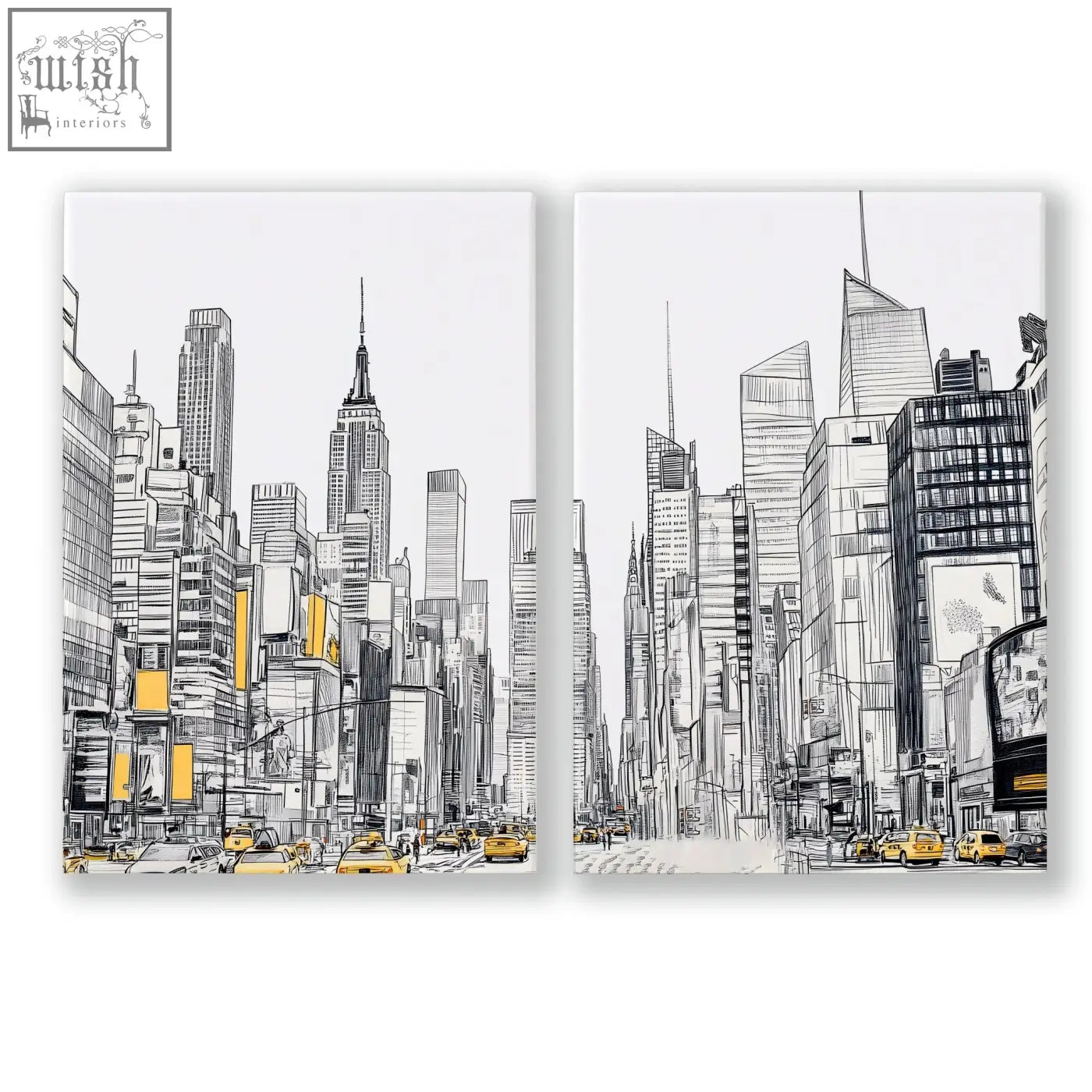 Stylized black-and-white city prints wall art set featuring iconic skyscrapers and yellow taxis with gold accents