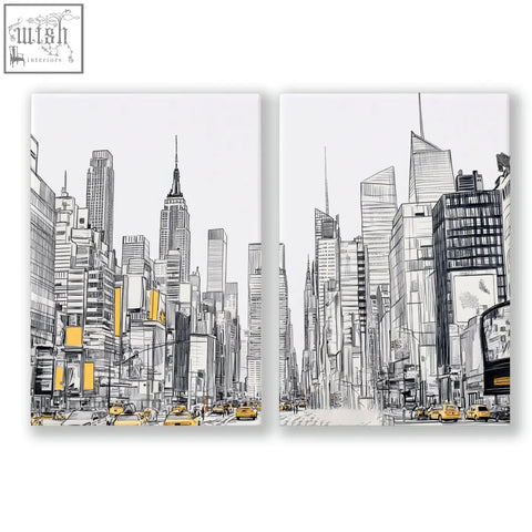 Stylized black-and-white city prints wall art set featuring iconic skyscrapers and yellow taxis with gold accents