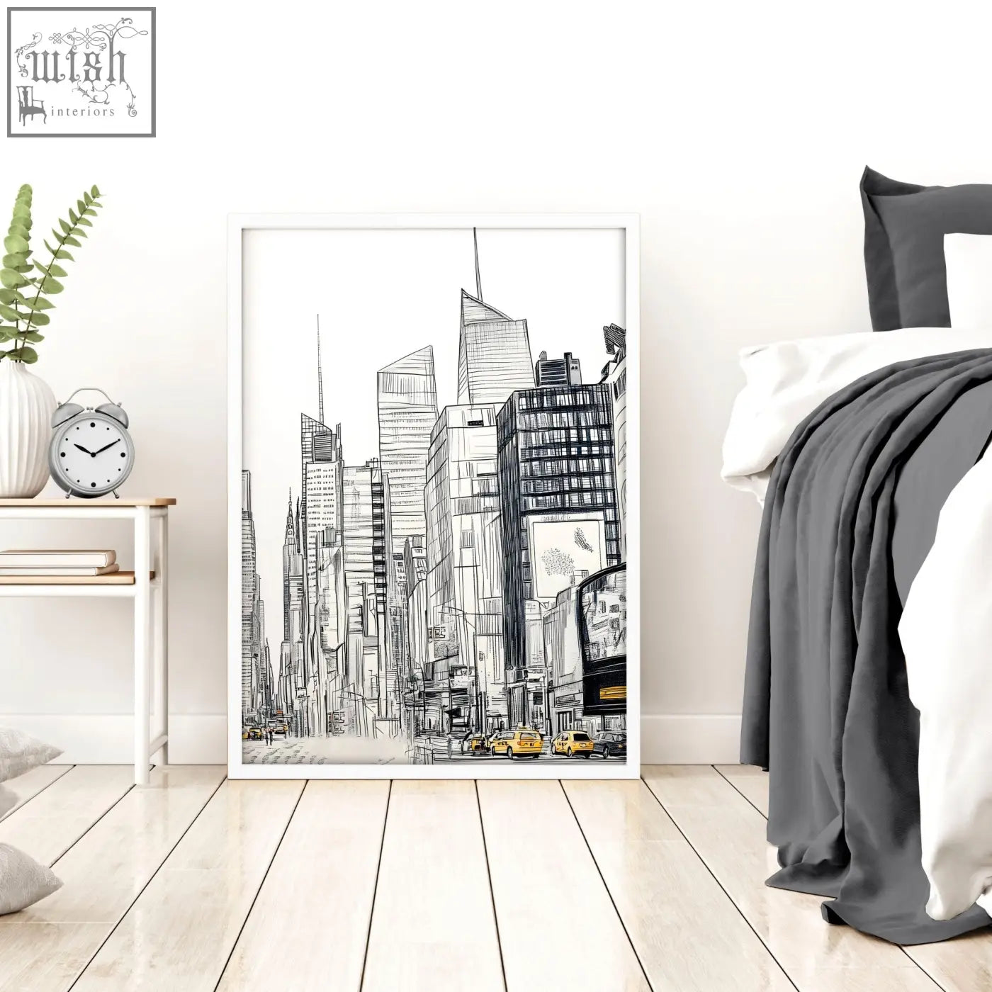 A set of 2 city prints wall art featuring black and white urban skyscrapers with subtle yellow accents in white frames