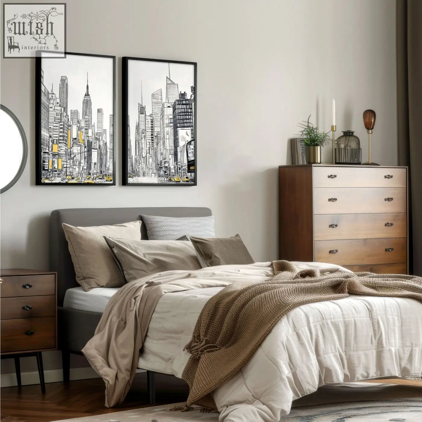 Gray upholstered bed with pillows and beige throw below city prints wall art featuring urban skyscrapers prints wall art set of 2