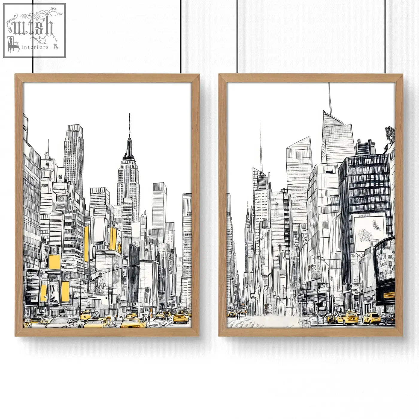 Two minimalist black white city prints wall art with yellow taxis in light wood frames perfect for urban wall decor