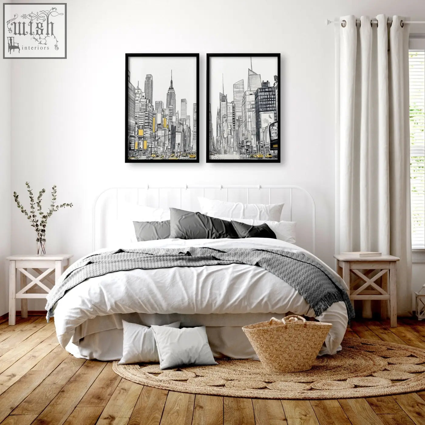 Two framed black and white city prints wall art with yellow accents hang above the bed as urban prints wall art set