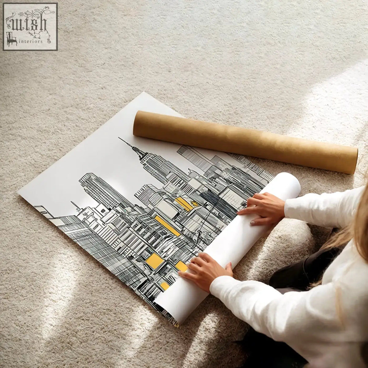 A black and yellow city prints wall featuring detailed skyline lines and yellow accents unrolled on a carpeted floor wall art