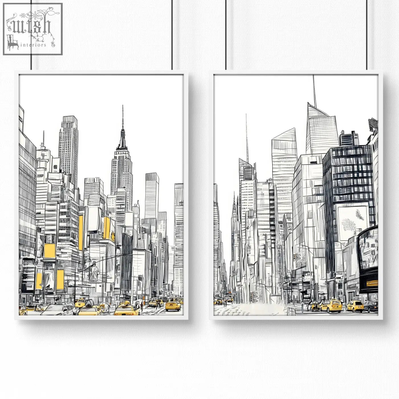 Two framed black and white city prints wall art with yellow accents featuring empire state building sketches