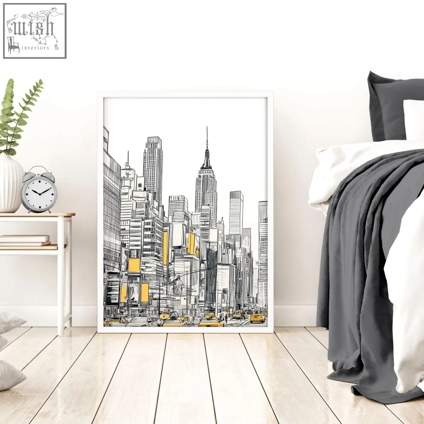 White-framed city prints wall art featuring black and white skyscraper line drawing with yellow accents for urban decor