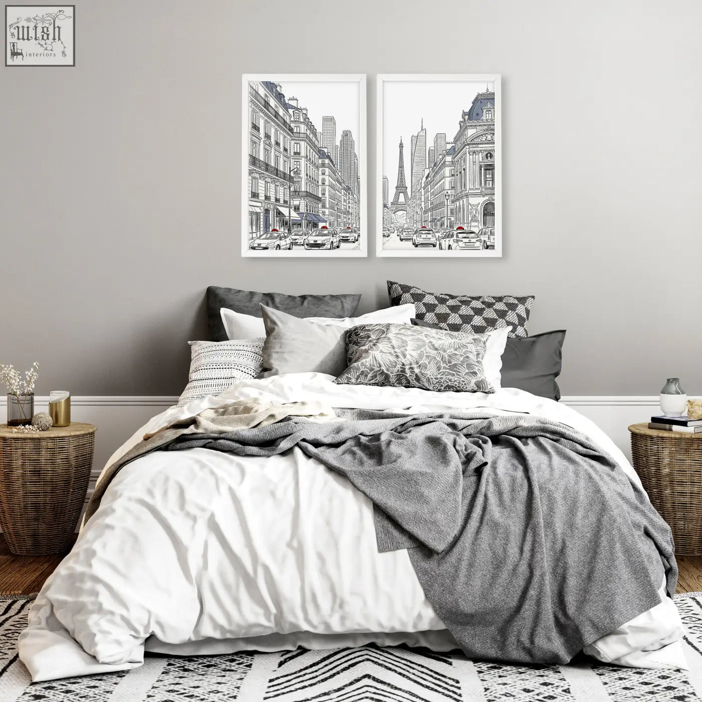 Two framed black and white city wall art prints featuring eiffel tower line drawing and modern skyline sketches