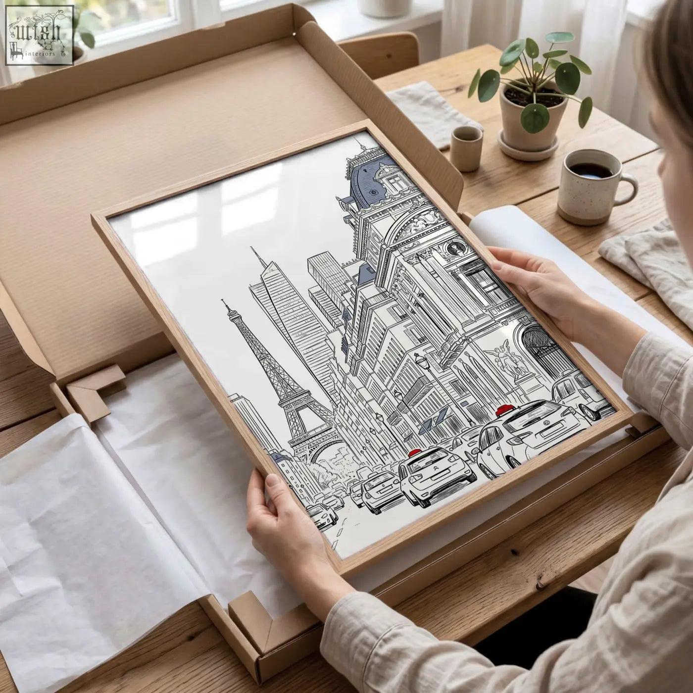 Minimalist black and white line art city wall art featuring the eiffel tower framed in light wood for paris street scenes