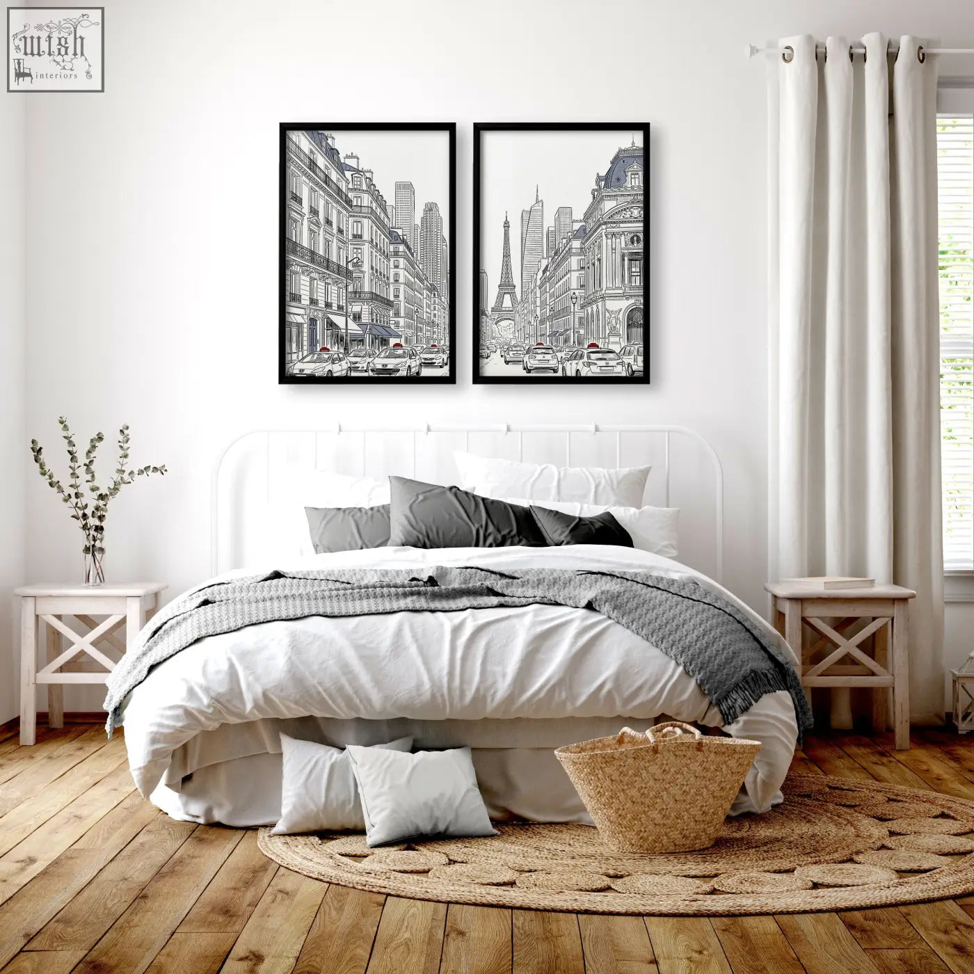 Woven natural fiber basket with handle paired with city wall art Paris street scenes featuring Eiffel Tower line drawing set of 2
