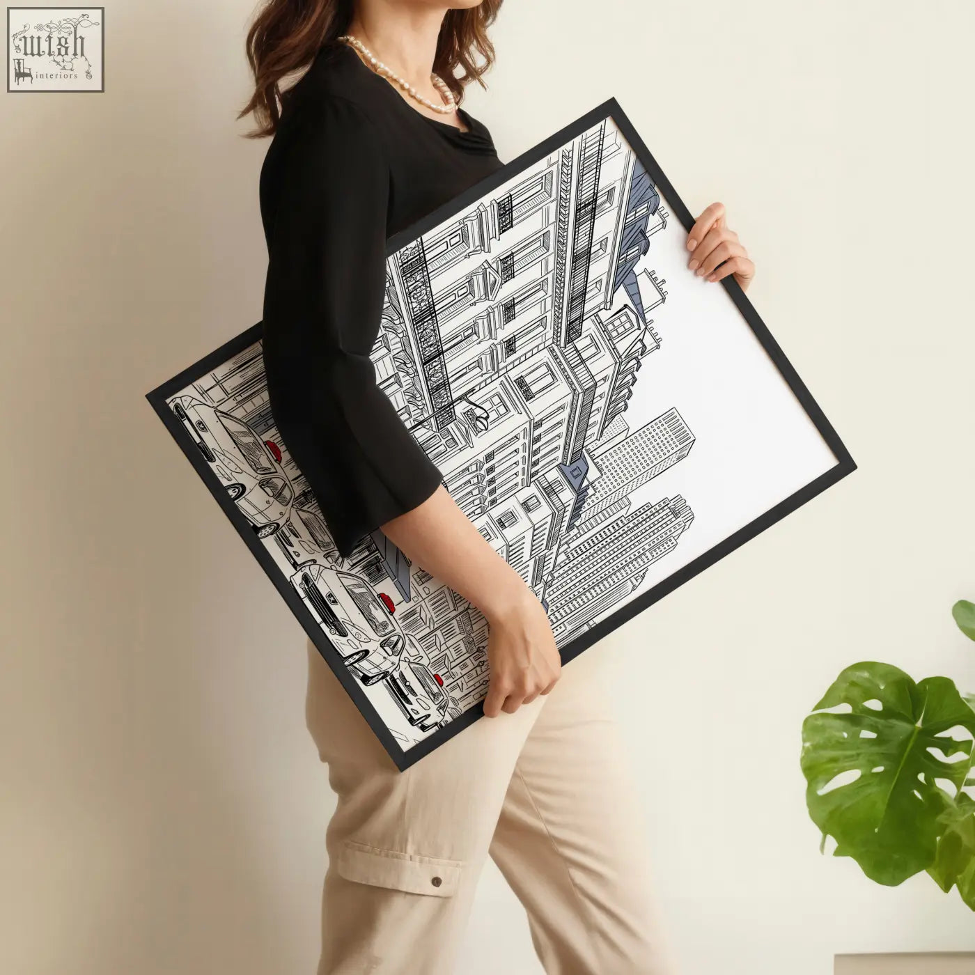 City wall art set of 2 black framed paris street scenes with intricate line drawings and subtle blue accents