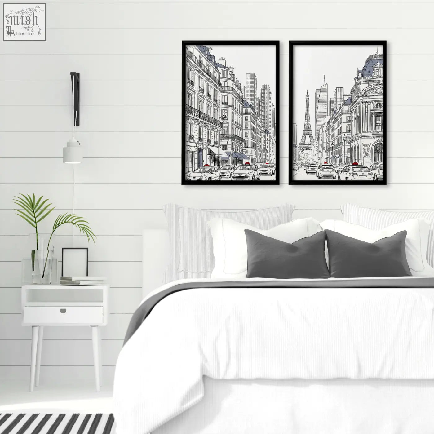 Black-framed city wall art featuring black-and-white line art prints of parisian street scenes with the eiffel tower