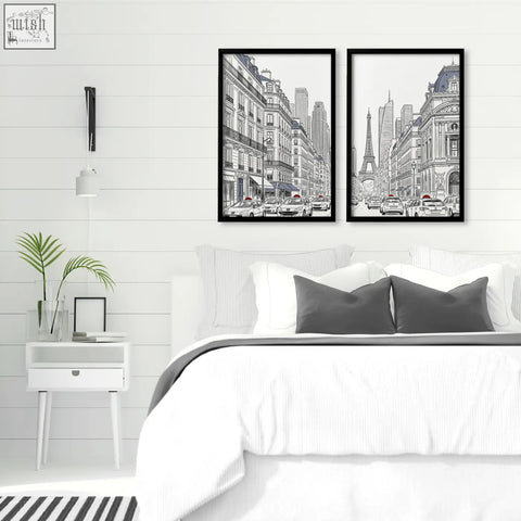 Black-framed city wall art featuring black-and-white line art prints of parisian street scenes with the eiffel tower