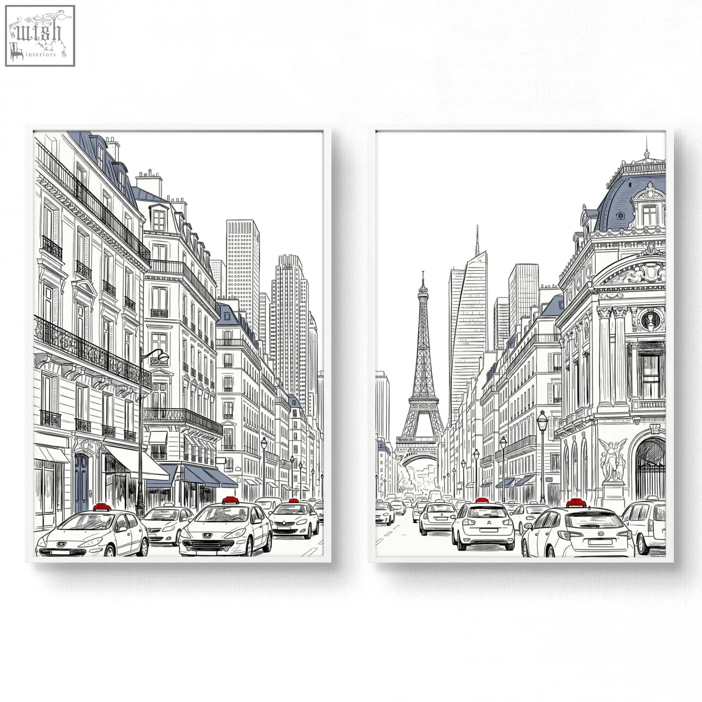 Paris street scenes wall art set of 2 with black and white line drawings and blue accents on eiffel tower rooftops