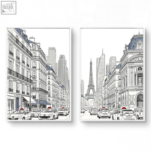 Paris street scenes wall art set of 2 with black and white line drawings and blue accents on eiffel tower rooftops