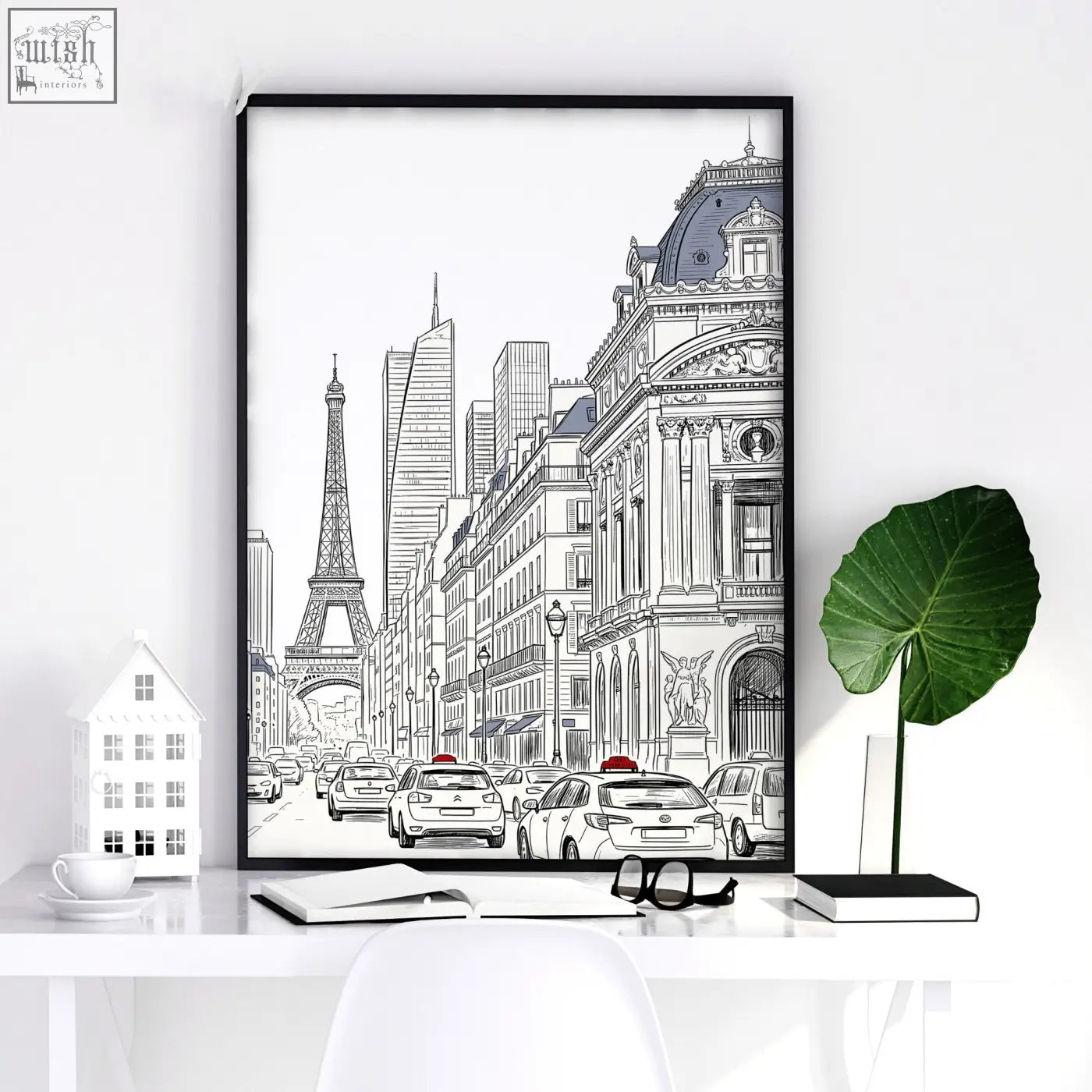 Black-framed line art city wall art of paris street scenes with eiffel tower and ornate buildings set of 2