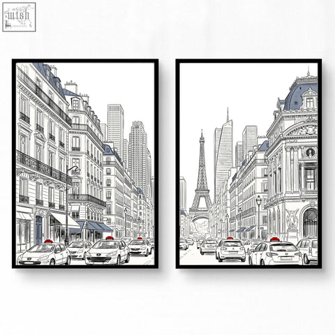 Two framed black-and-white city wall art prints featuring parisian streets with the eiffel tower and taxis