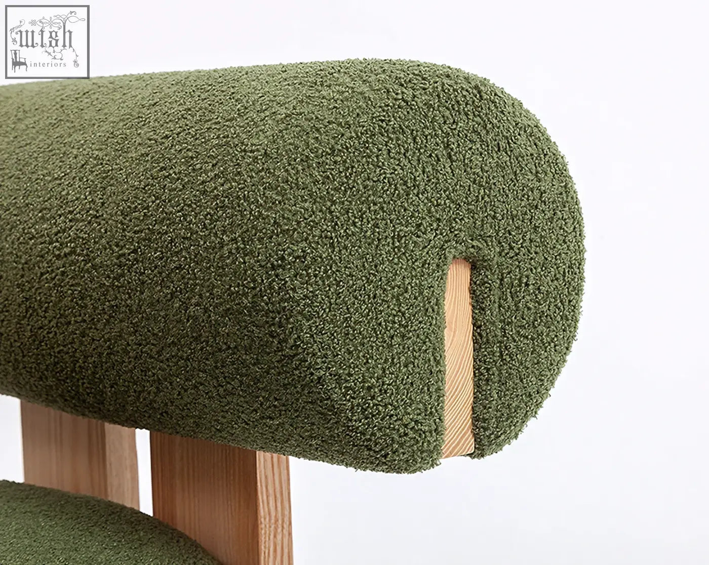 Olive green fuzzy boucle claire armchair backrest with wooden frame offering financing and low shipping cost
