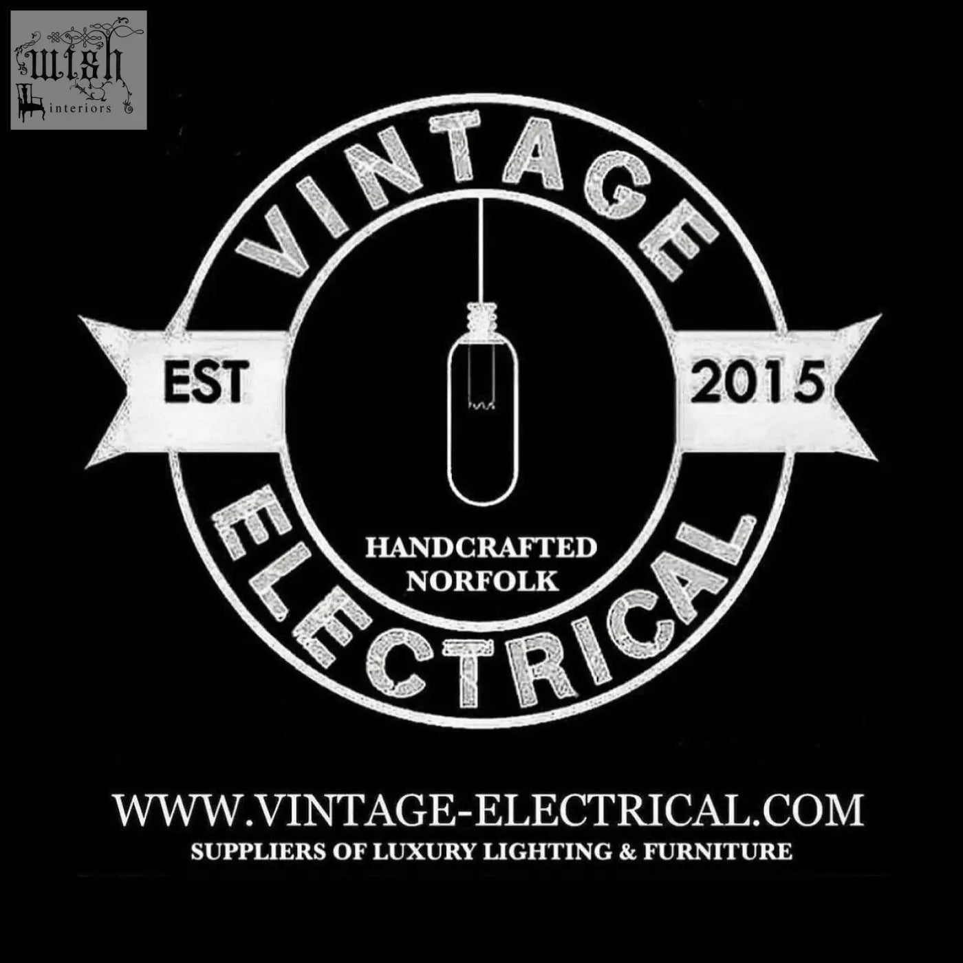 Vintage electrical logo with white circular emblem featuring a hanging light bulb on a clamshell solid champagne ice bucket