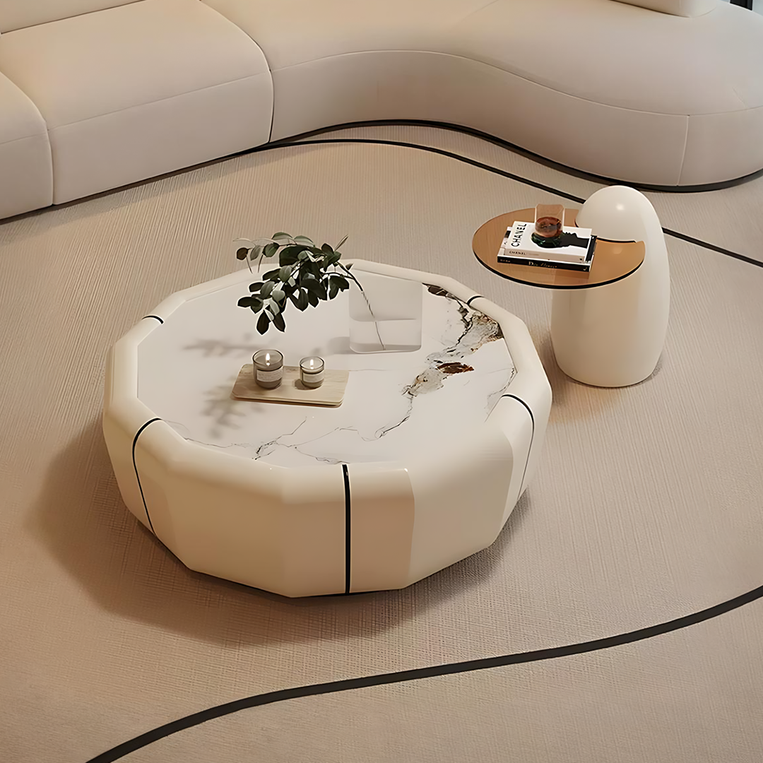 Clara round coffee table set with octagonal white marble top featuring gray veining and black accent lines