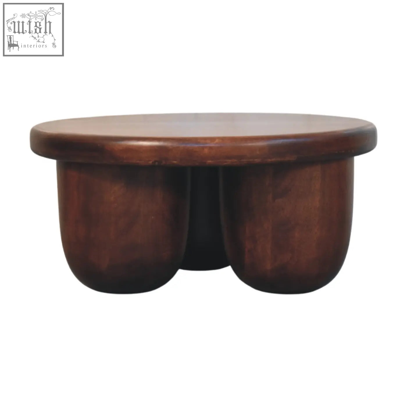 Clara sculpted coffee table in sleek dark brown solid mango wood with smooth rounded top and sturdy curved legs