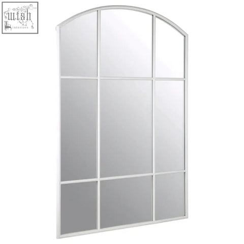 White window pane wall mirror claren matt white with arched frame and grid of nine rectangular panes