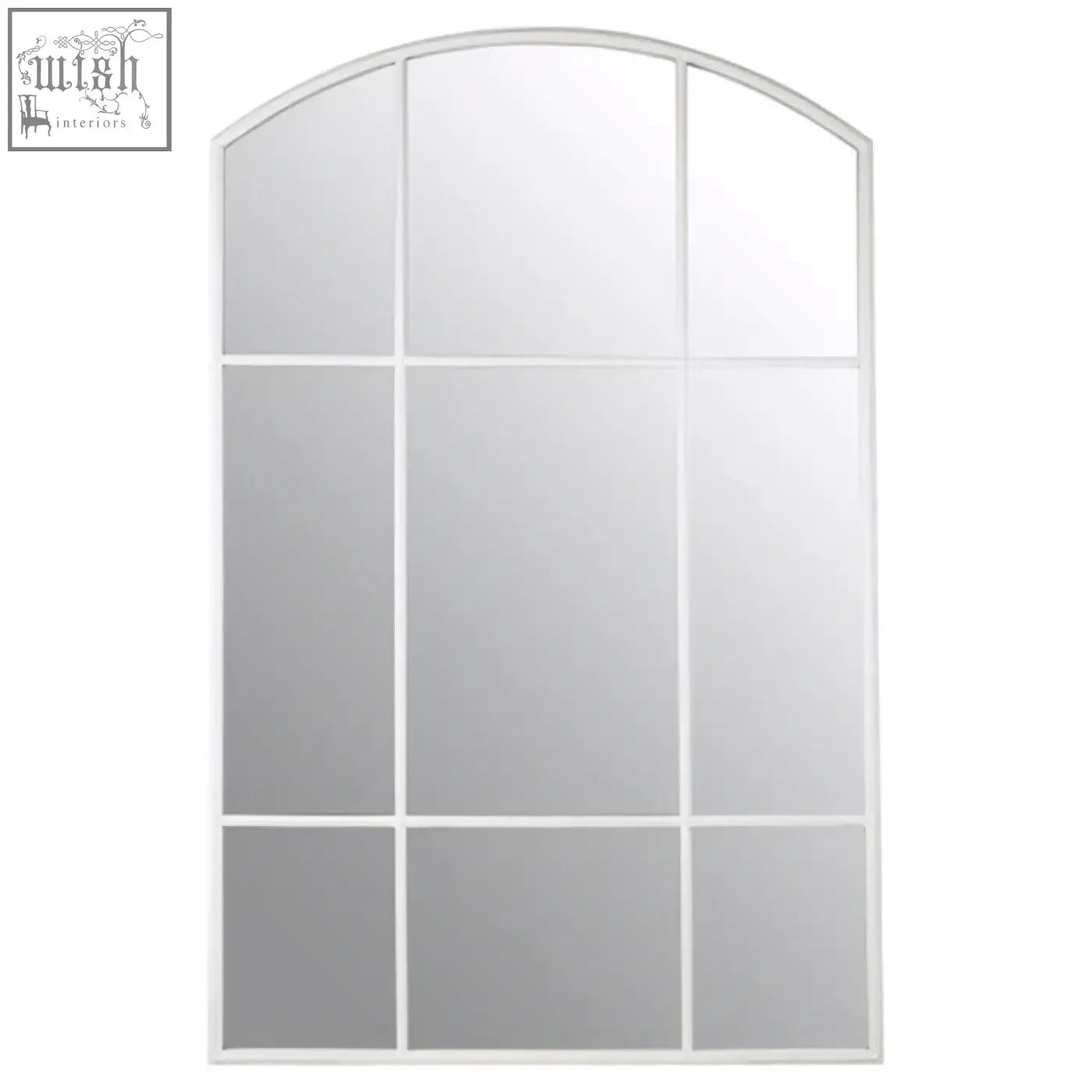 Claren matt white window pane wall mirror with an arched design and nine-pane grid in a matt white frame
