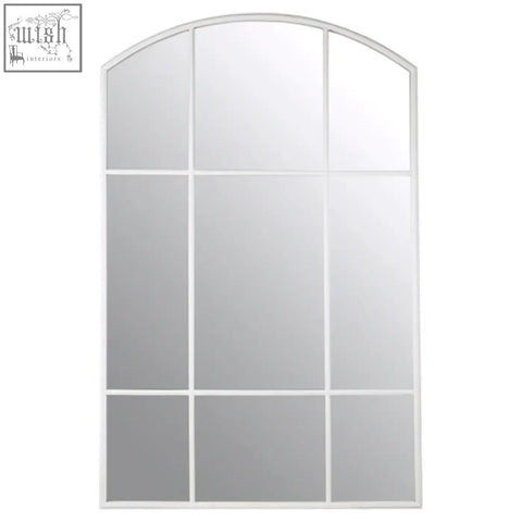 Claren matt white window pane wall mirror with an arched design and nine-pane grid in a matt white frame