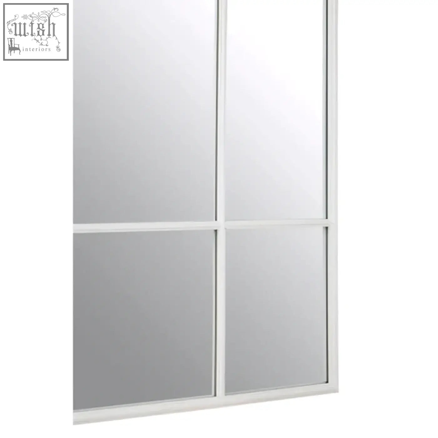 White framed claren matt white sliding mirror doors with four paneled glass window pane design