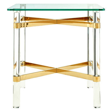 Clarence side table with clear glass top and gold acrylic x shaped legs for rooms feeling open and stylish rooms feeling