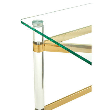 Clarence side table with clear glass top and acrylic pedestal with gold accents perfect for rooms feeling open